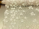 3D Floral Design - Ivory - Embroidered 3D Flowers on Triangle Net Mesh Sold By The Yard