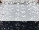 3D Floral Design - Ivory - Embroidered 3D Flowers on Triangle Net Mesh Sold By The Yard