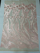 Leaf Pattern Fancy Lace Fabric - Blush Pink - Embroidered Design on Lace Mesh By Yard
