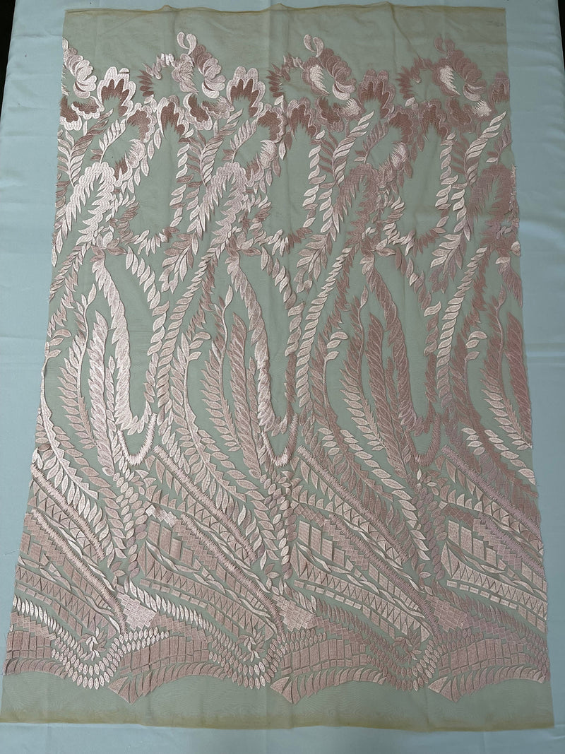 Leaf Pattern Fancy Lace Fabric - Blush Pink - Embroidered Design on Lace Mesh By Yard