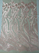 Leaf Pattern Fancy Lace Fabric - Blush Pink - Embroidered Design on Lace Mesh By Yard
