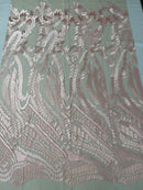 Leaf Pattern Fancy Lace Fabric - Blush Pink - Embroidered Design on Lace Mesh By Yard