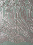 Leaf Pattern Fancy Lace Fabric - Blush Pink - Embroidered Design on Lace Mesh By Yard