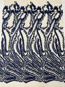 Leaf Pattern Fancy Lace Fabric - Navy Blue - Embroidered Design on Lace Mesh By Yard