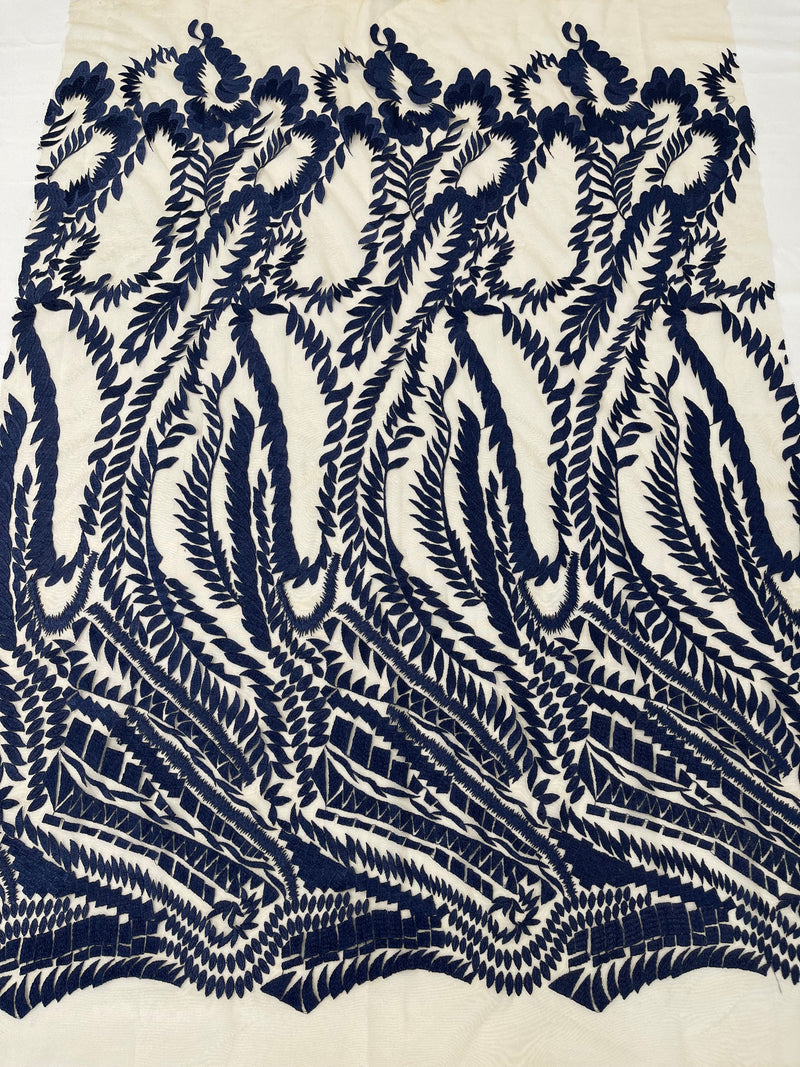 Leaf Pattern Fancy Lace Fabric - Navy Blue - Embroidered Design on Lace Mesh By Yard