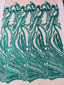 Leaf Pattern Fancy Lace Fabric - Aqua Green - Embroidered Design on Lace Mesh By Yard