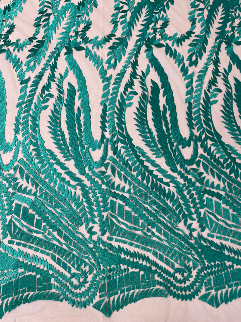 Leaf Pattern Fancy Lace Fabric - Aqua Green - Embroidered Design on Lace Mesh By Yard