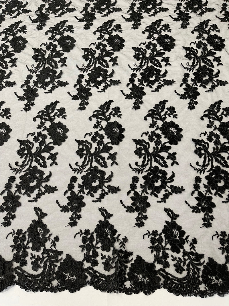 Flower Cluster Fancy Border Fabric - Black - Embroidered Flower Design on Lace Mesh By Yard