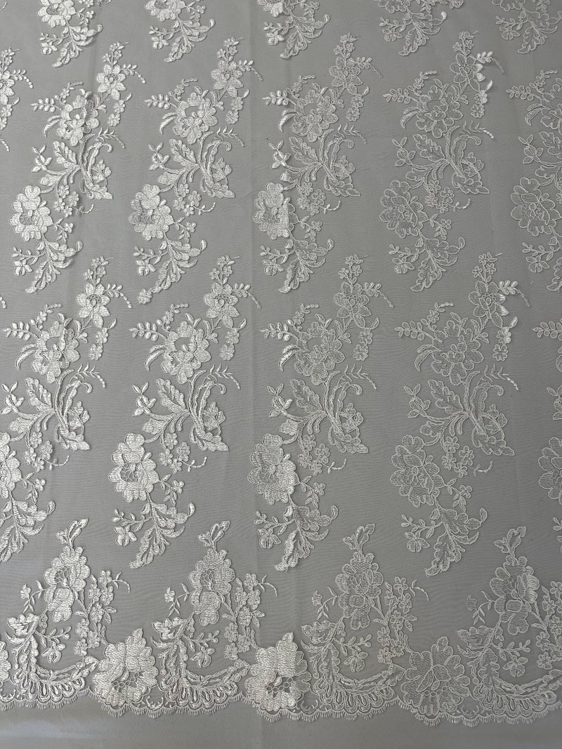 Flower Cluster Fancy Border Fabric - White - Embroidered Flower Design on Lace Mesh By Yard