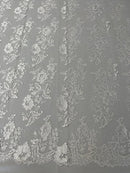 Flower Cluster Fancy Border Fabric - White - Embroidered Flower Design on Lace Mesh By Yard