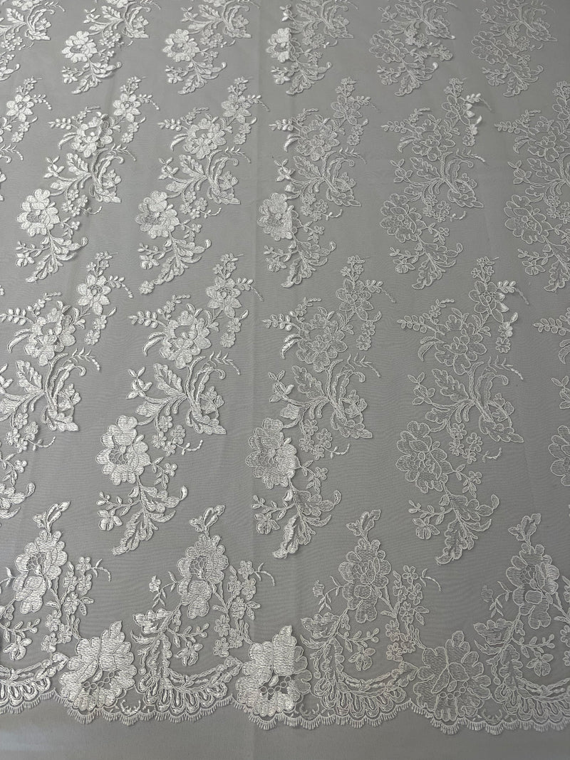 Flower Cluster Fancy Border Fabric - White - Embroidered Flower Design on Lace Mesh By Yard