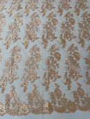 Flower Cluster Fancy Border Fabric - Peach - Embroidered Flower Design on Lace Mesh By Yard