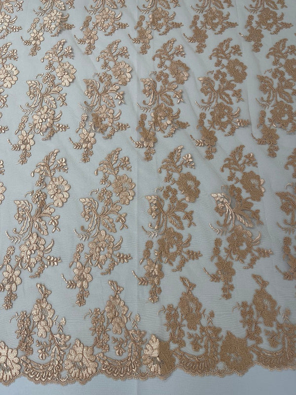 Flower Cluster Fancy Border Fabric - Peach - Embroidered Flower Design on Lace Mesh By Yard
