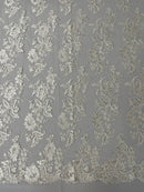 Flower Cluster Fancy Border Fabric - Off-White - Embroidered Flower Design on Lace Mesh By Yard