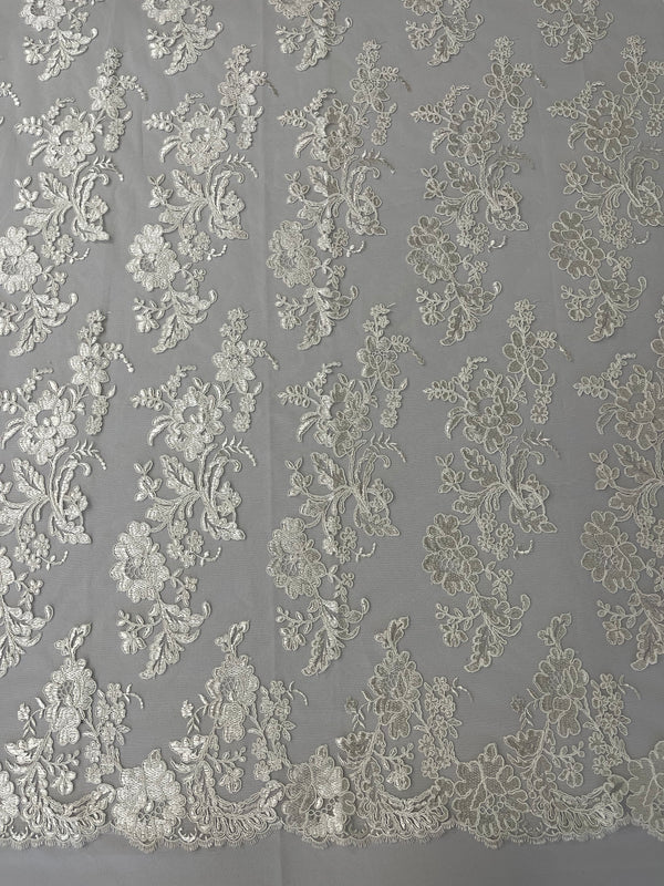 Flower Cluster Fancy Border Fabric - Off-White - Embroidered Flower Design on Lace Mesh By Yard
