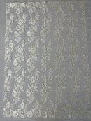 Flower Cluster Fancy Border Fabric - Off-White - Embroidered Flower Design on Lace Mesh By Yard