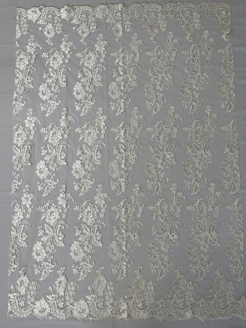 Flower Cluster Fancy Border Fabric - Off-White - Embroidered Flower Design on Lace Mesh By Yard