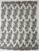 Flower Cluster Fancy Border Fabric - Silver - Embroidered Flower Design on Lace Mesh By Yard