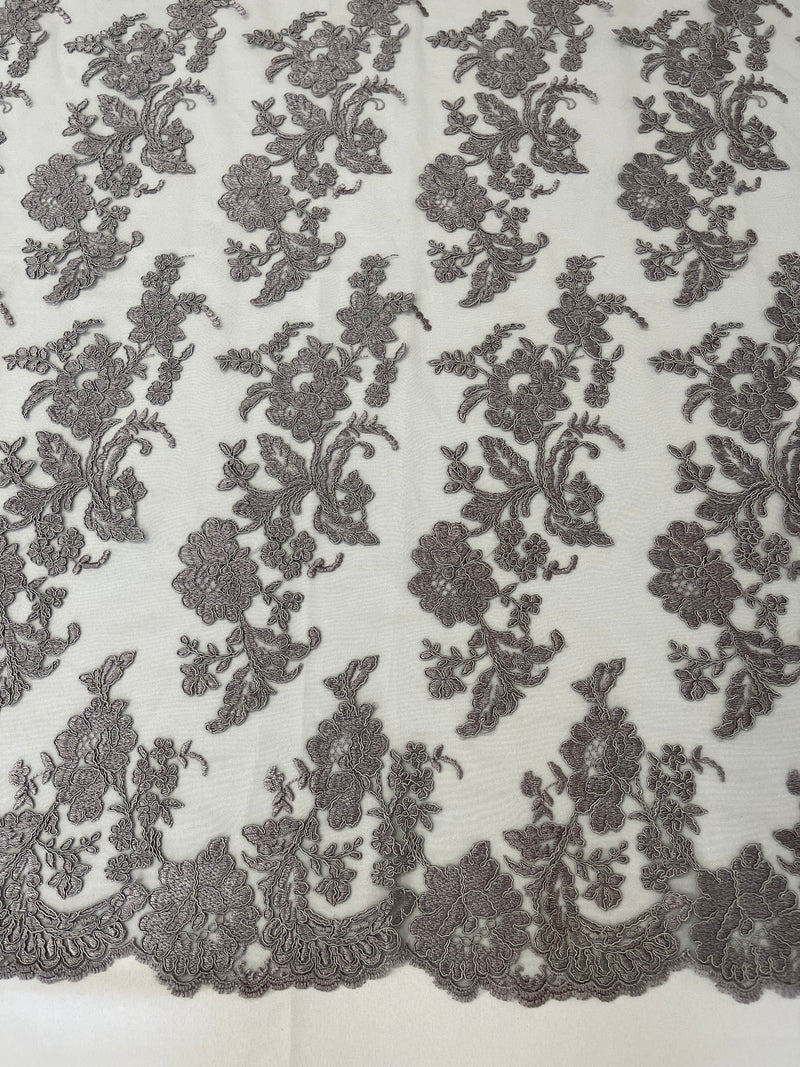 Flower Cluster Fancy Border Fabric - Silver - Embroidered Flower Design on Lace Mesh By Yard