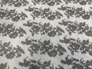 Flower Cluster Fancy Border Fabric - Silver - Embroidered Flower Design on Lace Mesh By Yard