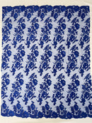 Flower Cluster Fancy Border Fabric - Royal Blue - Embroidered Flower Design on Lace Mesh By Yard