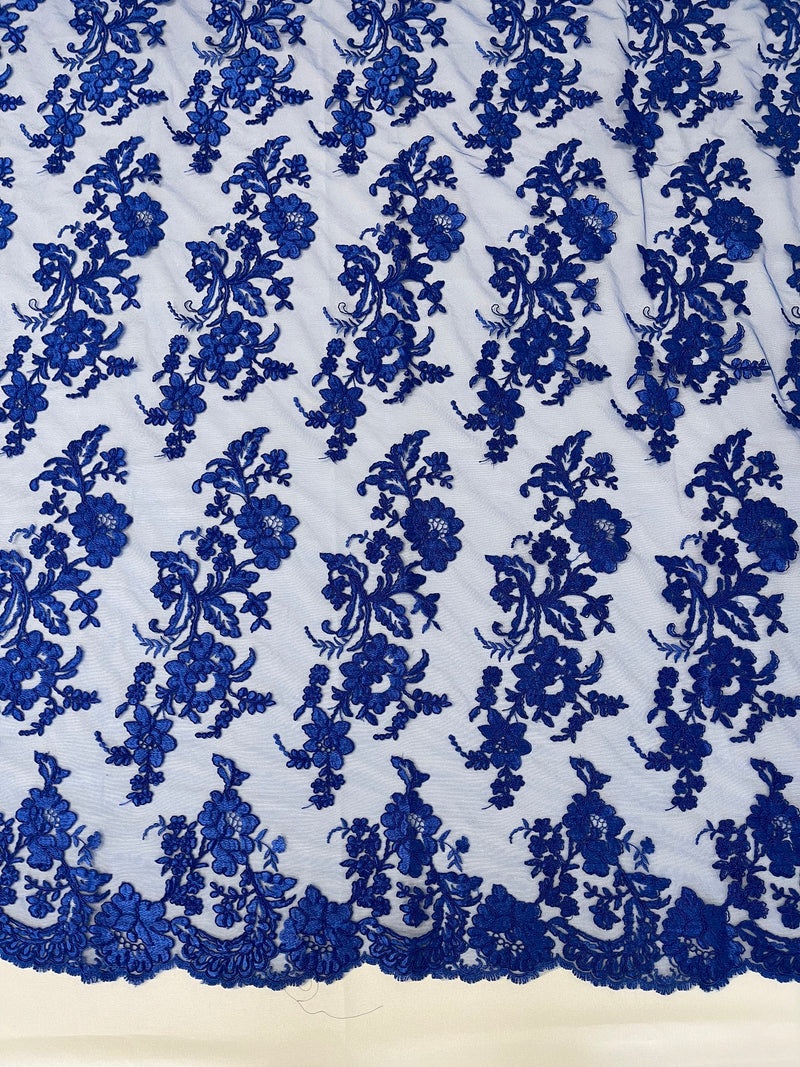 Flower Cluster Fancy Border Fabric - Royal Blue - Embroidered Flower Design on Lace Mesh By Yard