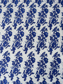 Flower Cluster Fancy Border Fabric - Royal Blue - Embroidered Flower Design on Lace Mesh By Yard