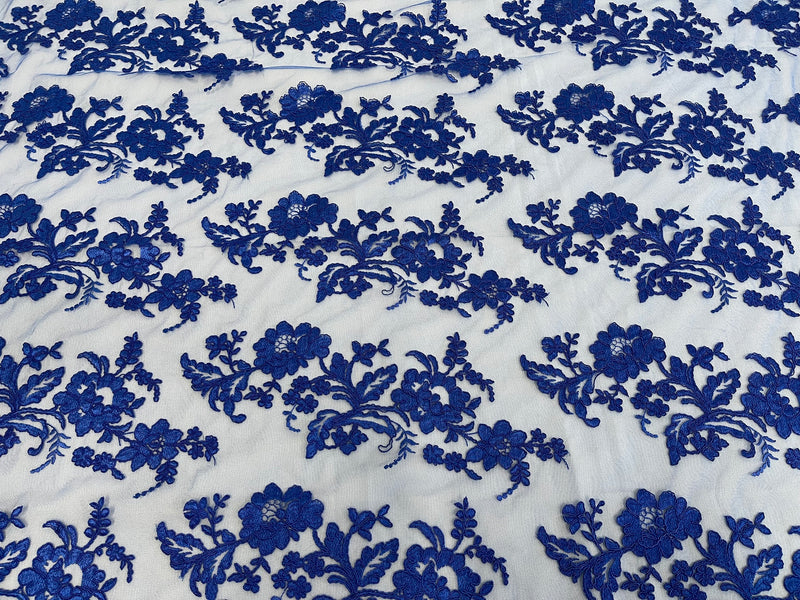 Flower Cluster Fancy Border Fabric - Royal Blue - Embroidered Flower Design on Lace Mesh By Yard