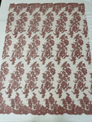 Flower Cluster Fancy Border Fabric - Dusty Rose - Embroidered Flower Design on Lace Mesh By Yard
