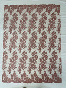 Flower Cluster Fancy Border Fabric - Dusty Rose - Embroidered Flower Design on Lace Mesh By Yard