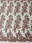Flower Cluster Fancy Border Fabric - Dusty Rose - Embroidered Flower Design on Lace Mesh By Yard
