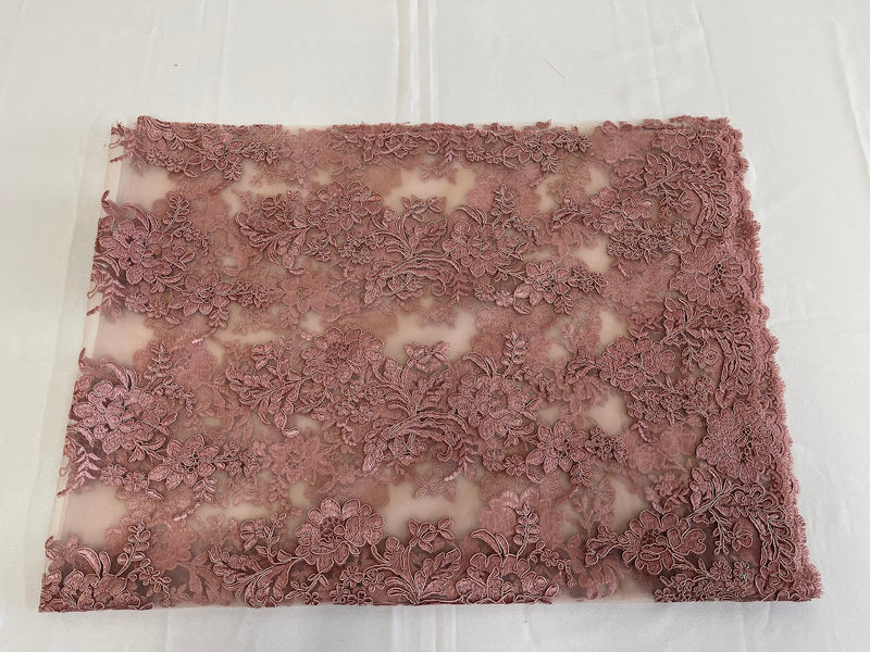 Flower Cluster Fancy Border Fabric - Dusty Rose - Embroidered Flower Design on Lace Mesh By Yard