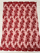Flower Cluster Fancy Border Fabric - Red - Embroidered Flower Design on Lace Mesh By Yard