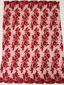 Flower Cluster Fancy Border Fabric - Red - Embroidered Flower Design on Lace Mesh By Yard