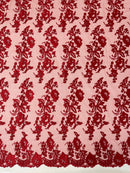 Flower Cluster Fancy Border Fabric - Red - Embroidered Flower Design on Lace Mesh By Yard