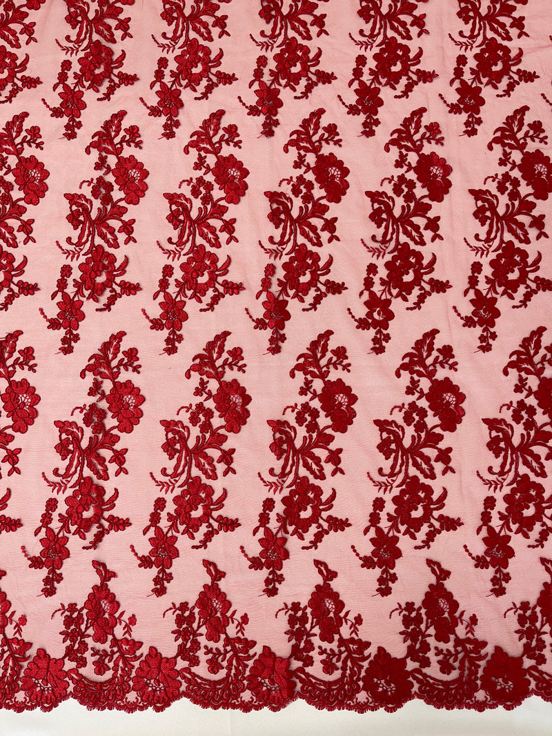 Flower Cluster Fancy Border Fabric - Red - Embroidered Flower Design on Lace Mesh By Yard
