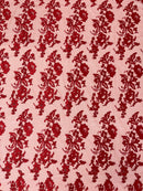 Flower Cluster Fancy Border Fabric - Red - Embroidered Flower Design on Lace Mesh By Yard