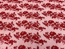 Flower Cluster Fancy Border Fabric - Red - Embroidered Flower Design on Lace Mesh By Yard