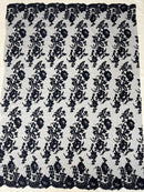 Flower Cluster Fancy Border Fabric - Navy Blue - Embroidered Flower Design on Lace Mesh By Yard