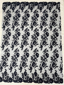 Flower Cluster Fancy Border Fabric - Navy Blue - Embroidered Flower Design on Lace Mesh By Yard