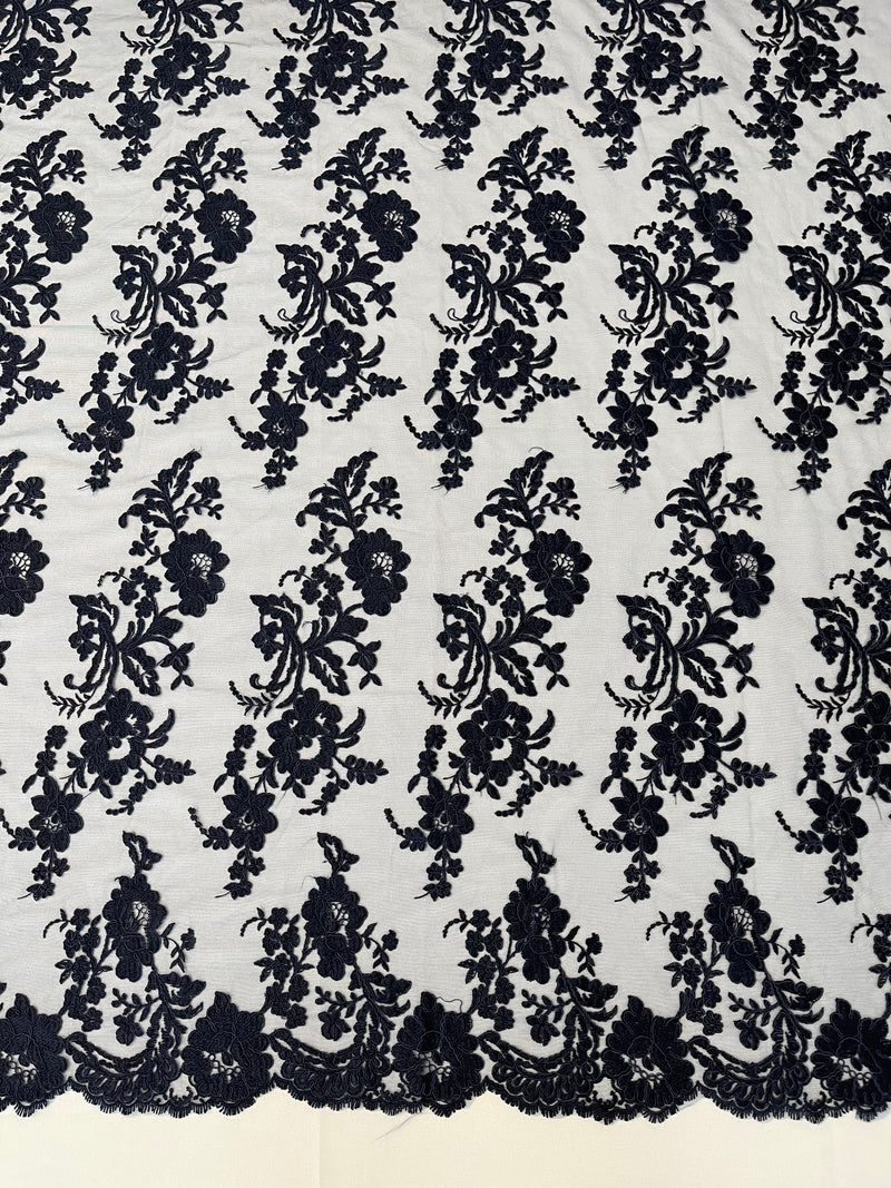 Flower Cluster Fancy Border Fabric - Navy Blue - Embroidered Flower Design on Lace Mesh By Yard