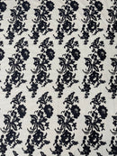 Flower Cluster Fancy Border Fabric - Navy Blue - Embroidered Flower Design on Lace Mesh By Yard