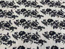 Flower Cluster Fancy Border Fabric - Navy Blue - Embroidered Flower Design on Lace Mesh By Yard