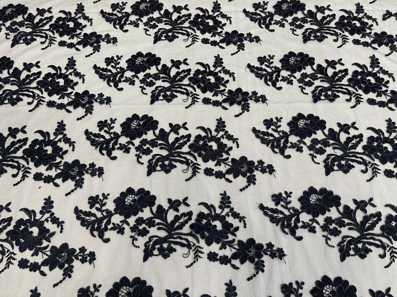 Flower Cluster Fancy Border Fabric - Navy Blue - Embroidered Flower Design on Lace Mesh By Yard