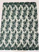 Flower Cluster Fancy Border Fabric - Hunter Green - Embroidered Flower Design on Lace Mesh By Yard
