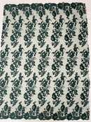 Flower Cluster Fancy Border Fabric - Hunter Green - Embroidered Flower Design on Lace Mesh By Yard