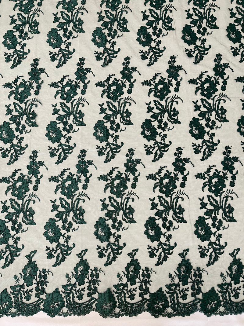 Flower Cluster Fancy Border Fabric - Hunter Green - Embroidered Flower Design on Lace Mesh By Yard