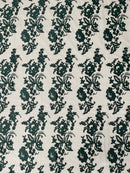 Flower Cluster Fancy Border Fabric - Hunter Green - Embroidered Flower Design on Lace Mesh By Yard