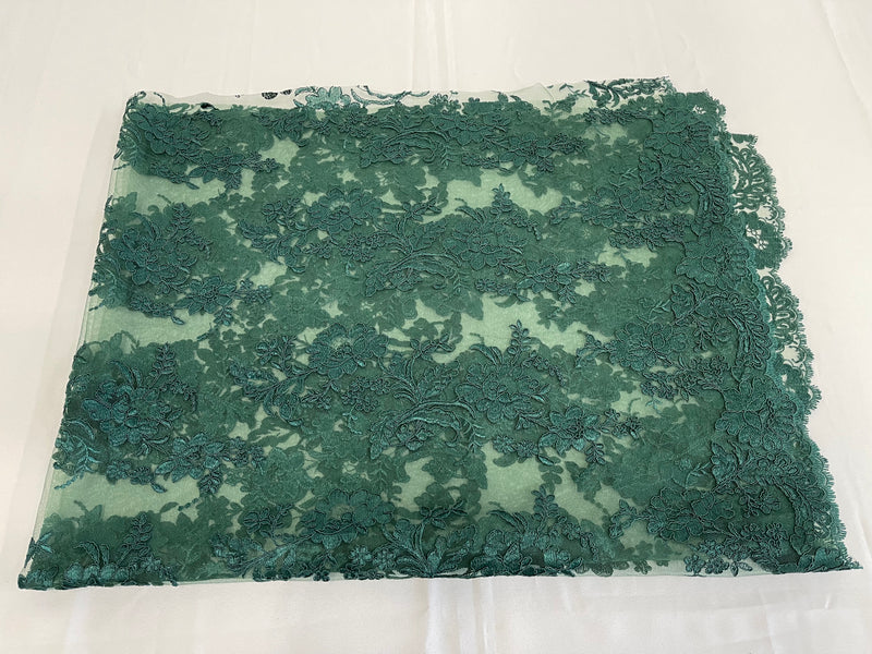 Flower Cluster Fancy Border Fabric - Hunter Green - Embroidered Flower Design on Lace Mesh By Yard