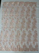 Flower Cluster Fancy Border Fabric - Blush Pink - Embroidered Flower Design on Lace Mesh By Yard